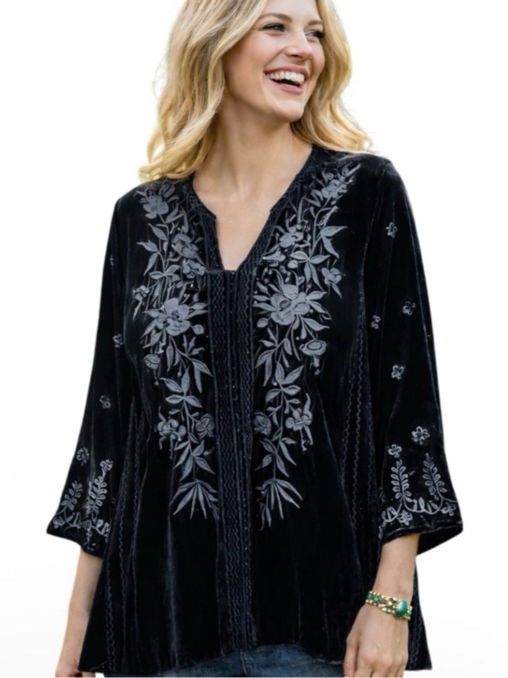 Johnny Was Adele embroidered velvet tunic Black XS